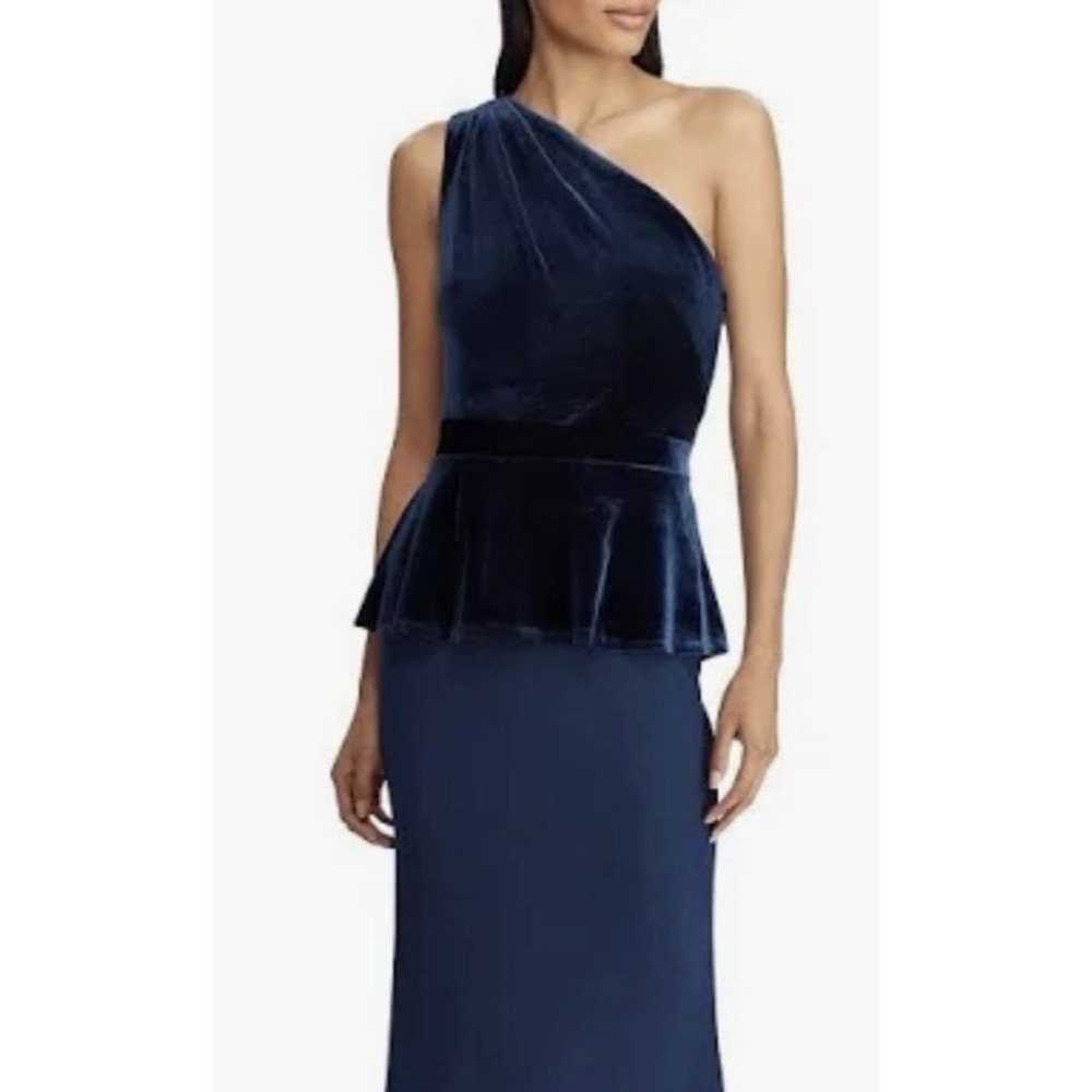 Lauren Ralph Lauren Velvet Trim One Shoulder Peplum Dress Women's size 2 Navy